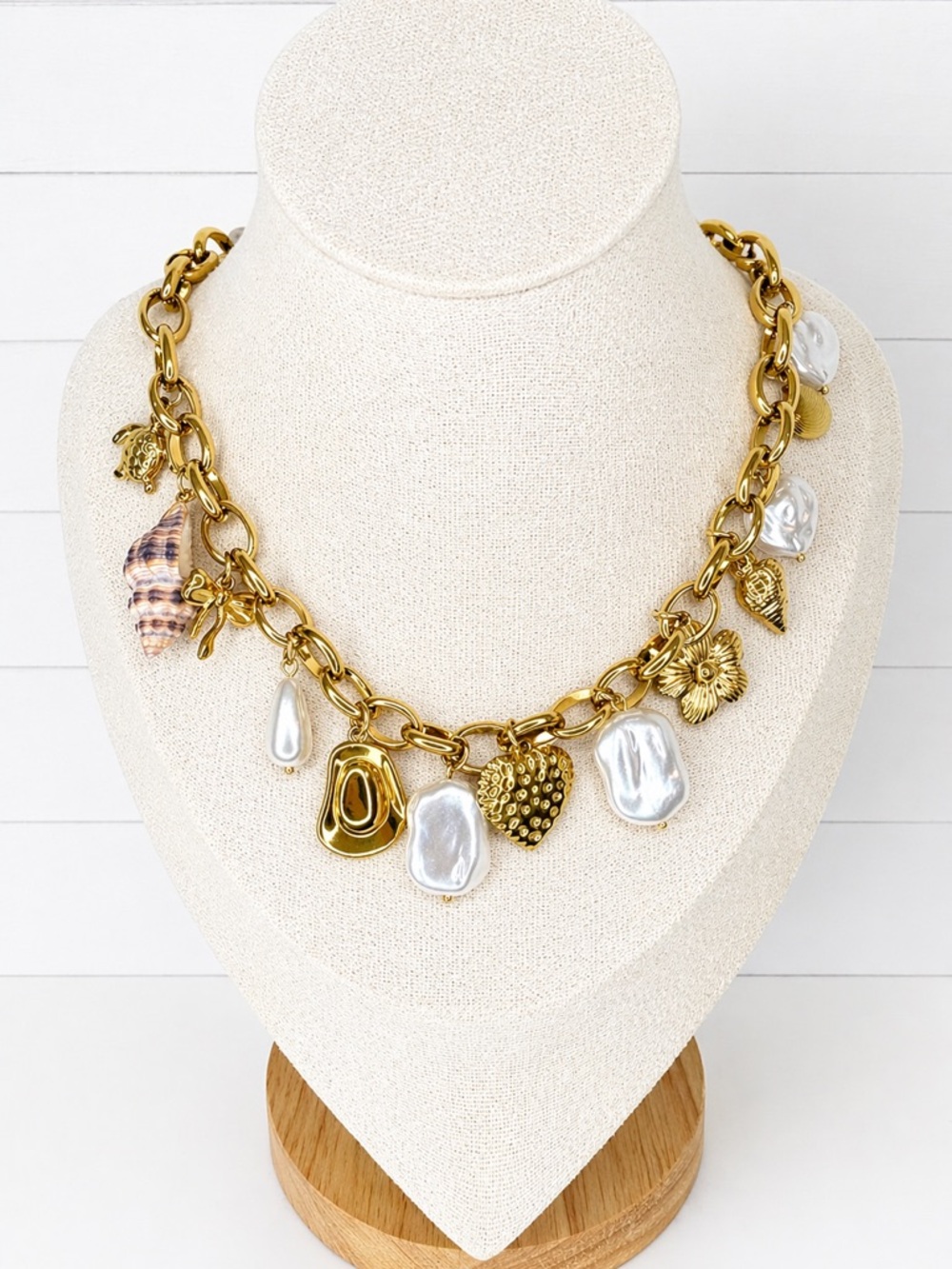 Gold Charm Pearl Drop Necklace - Stainless Steel Women Jewelry